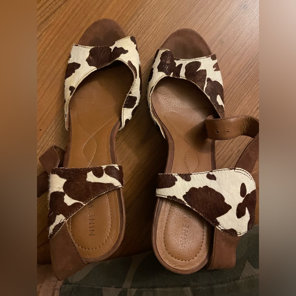 Pony print wedge sandals, size 8.